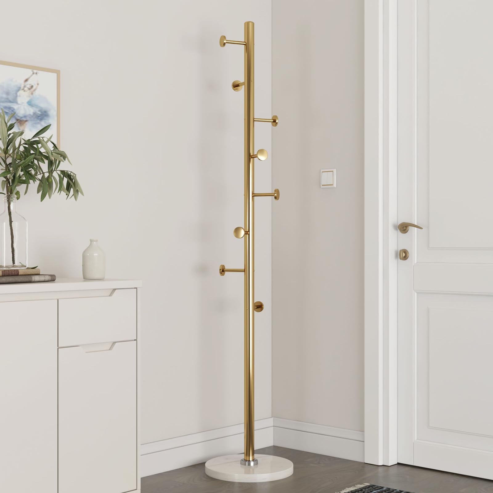 Metal Coat Rack Stand with Marble Base - 8 Hooks