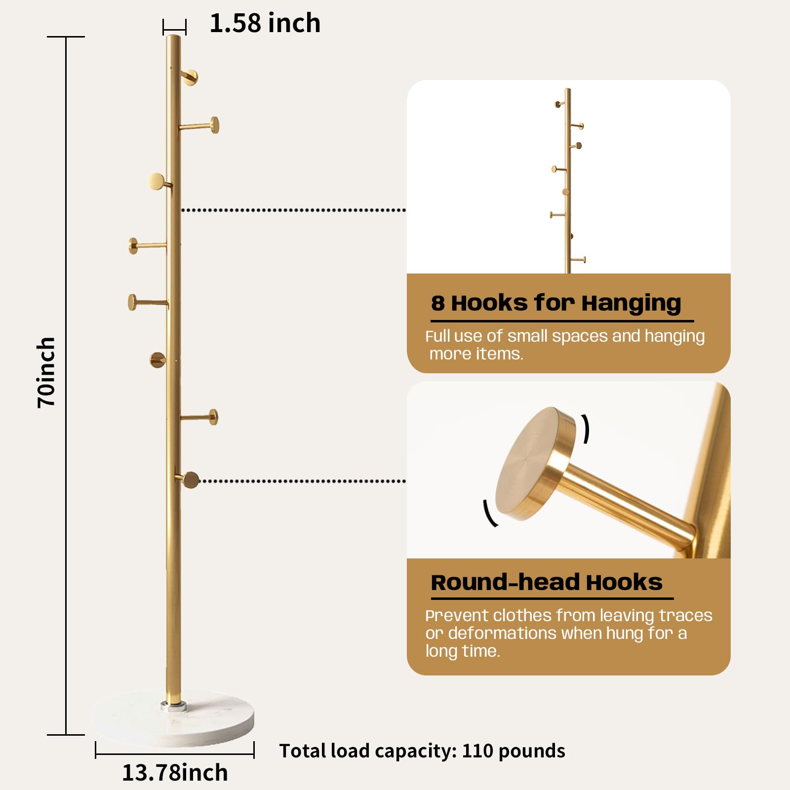 Metal Coat Rack Stand with Marble Base - 8 Hooks