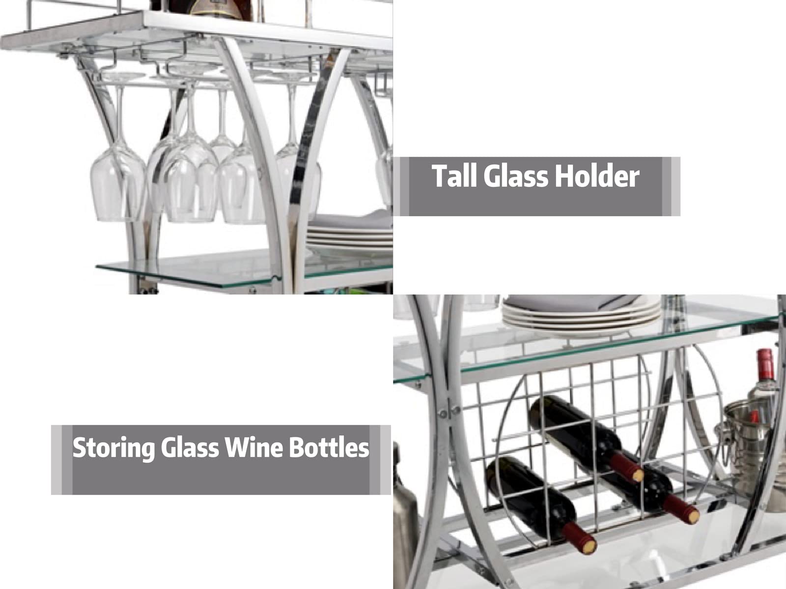 3-Tier Silver Bar Cart with Glass Holders and Wine Rack