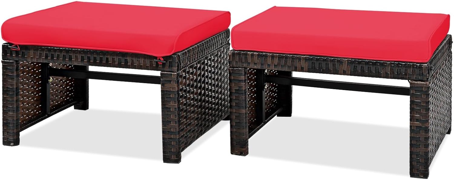 2-Piece Outdoor Wicker Ottomans with Removable Cushions
