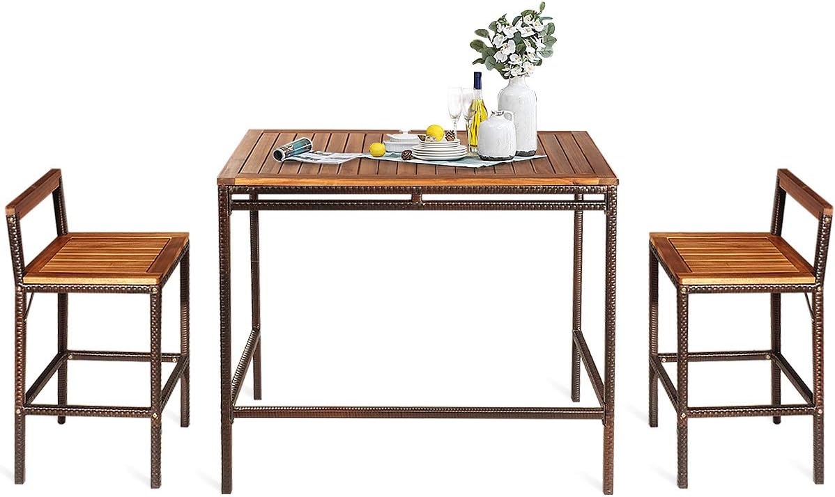 3-Piece Outdoor Rattan Bar Set with Acacia Wood