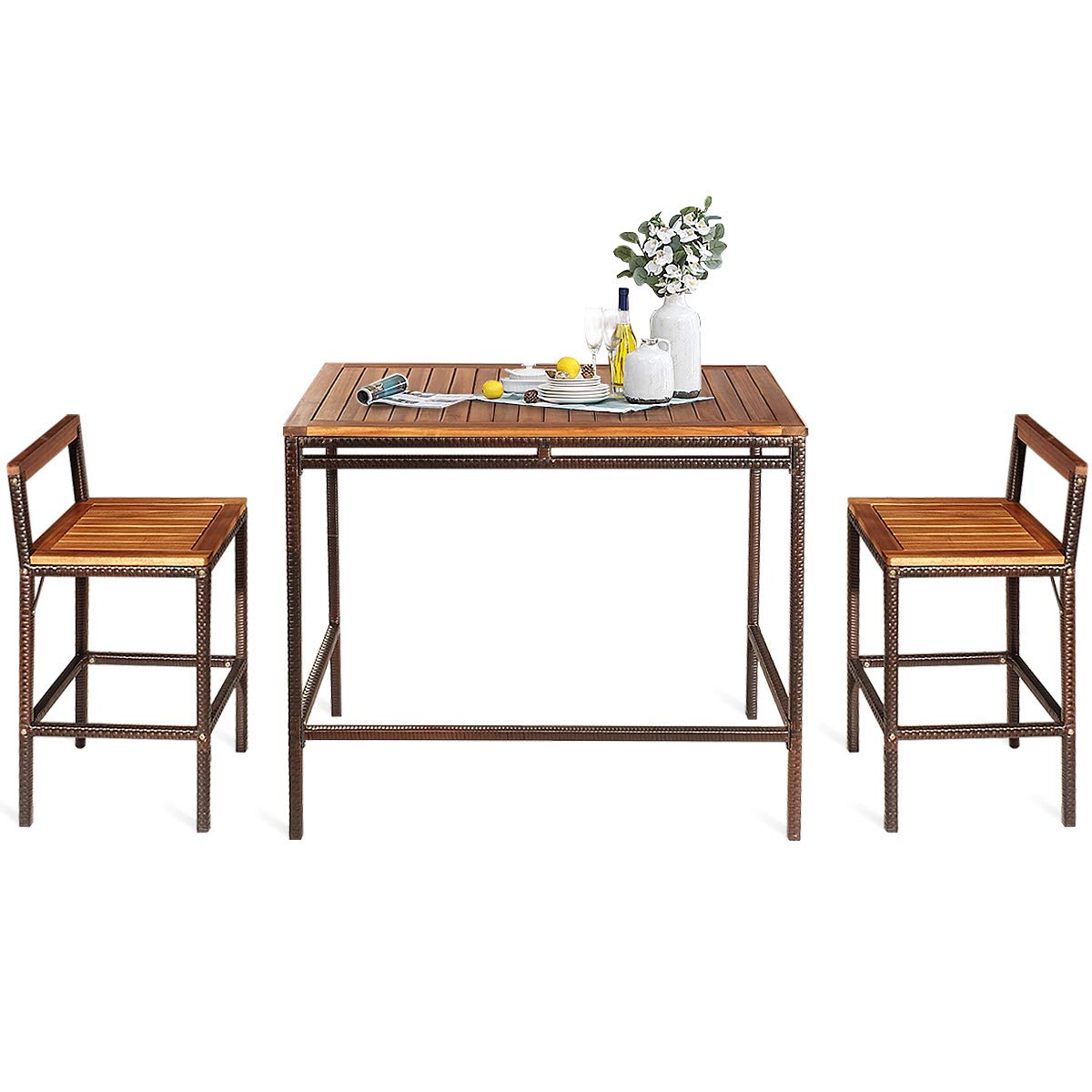 3-Piece Outdoor Rattan Bar Set with Acacia Wood