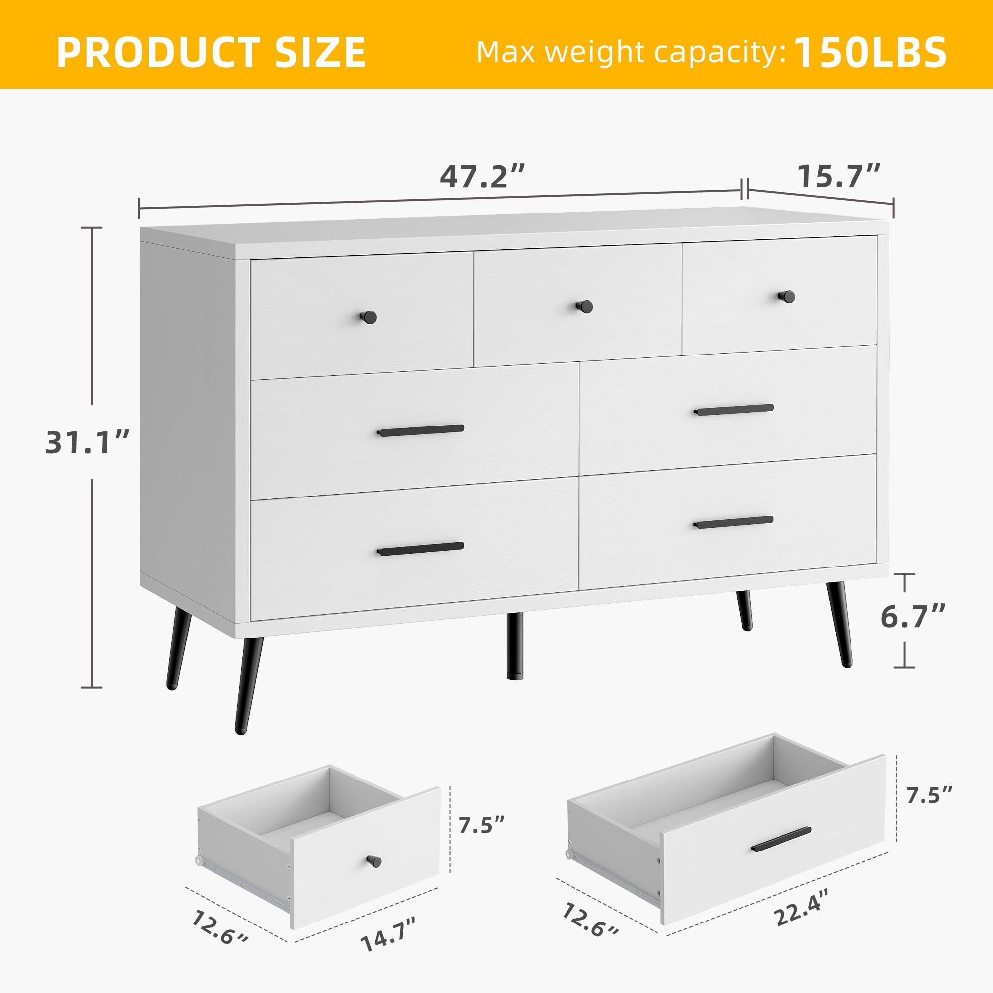 White 7 Drawer Dresser 47 Inch Wide Double Chest of Drawers