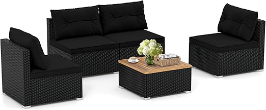 5-Piece PE Rattan Outdoor Sectional Set with Acacia Wood Coffee Table