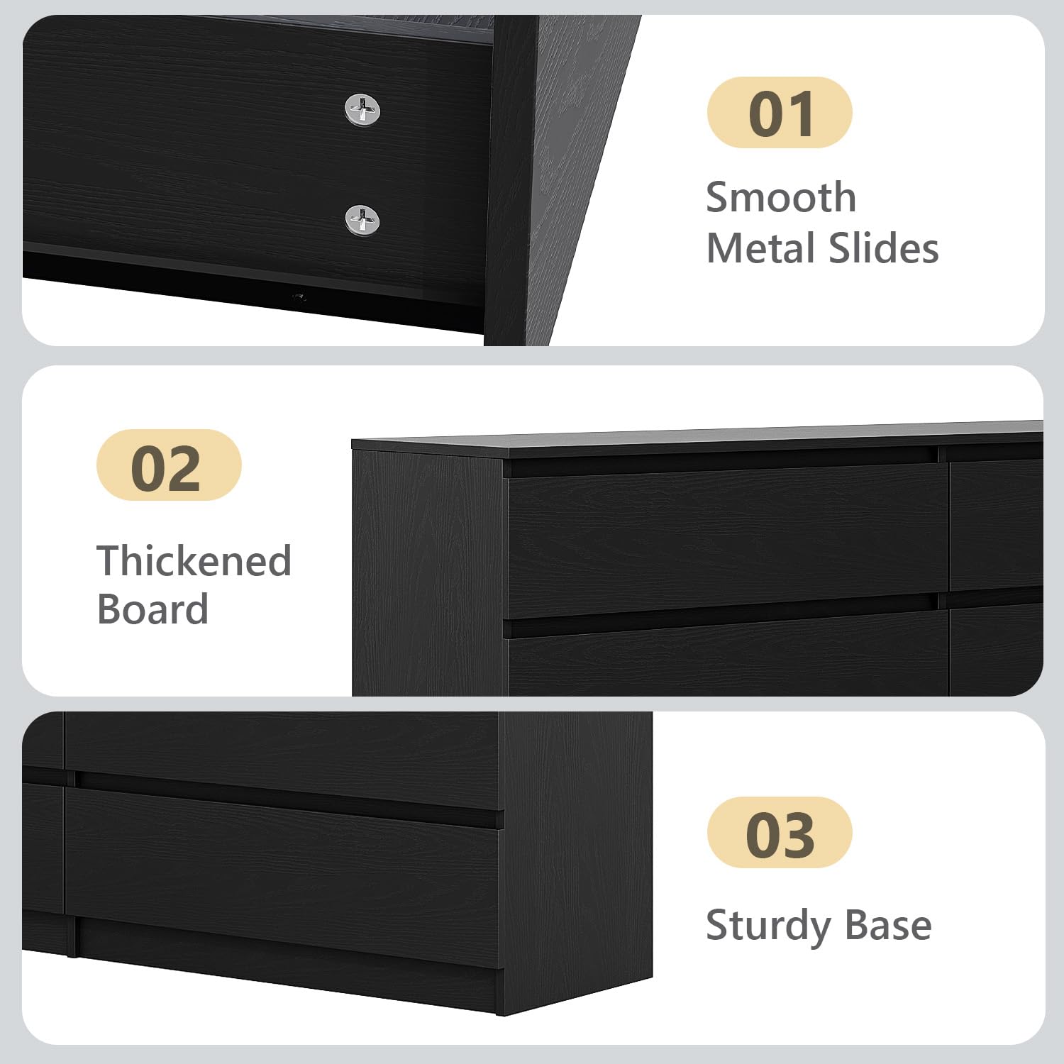 59 Inch Modern 6 Drawer Dresser Black