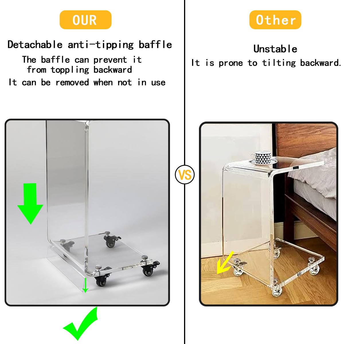 Acrylic Clear C-Shaped Rolling End Table 26"H