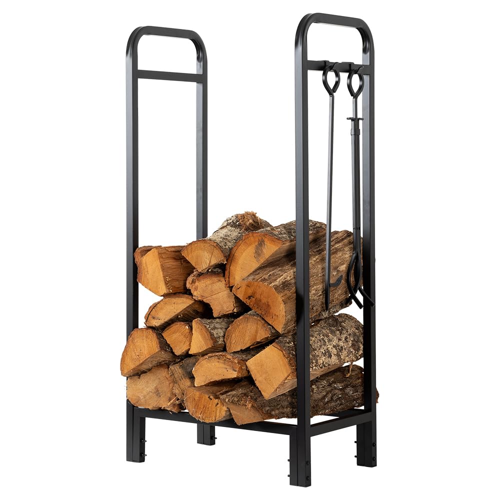 Tall Metal Firewood Log Rack with Cover and Tools