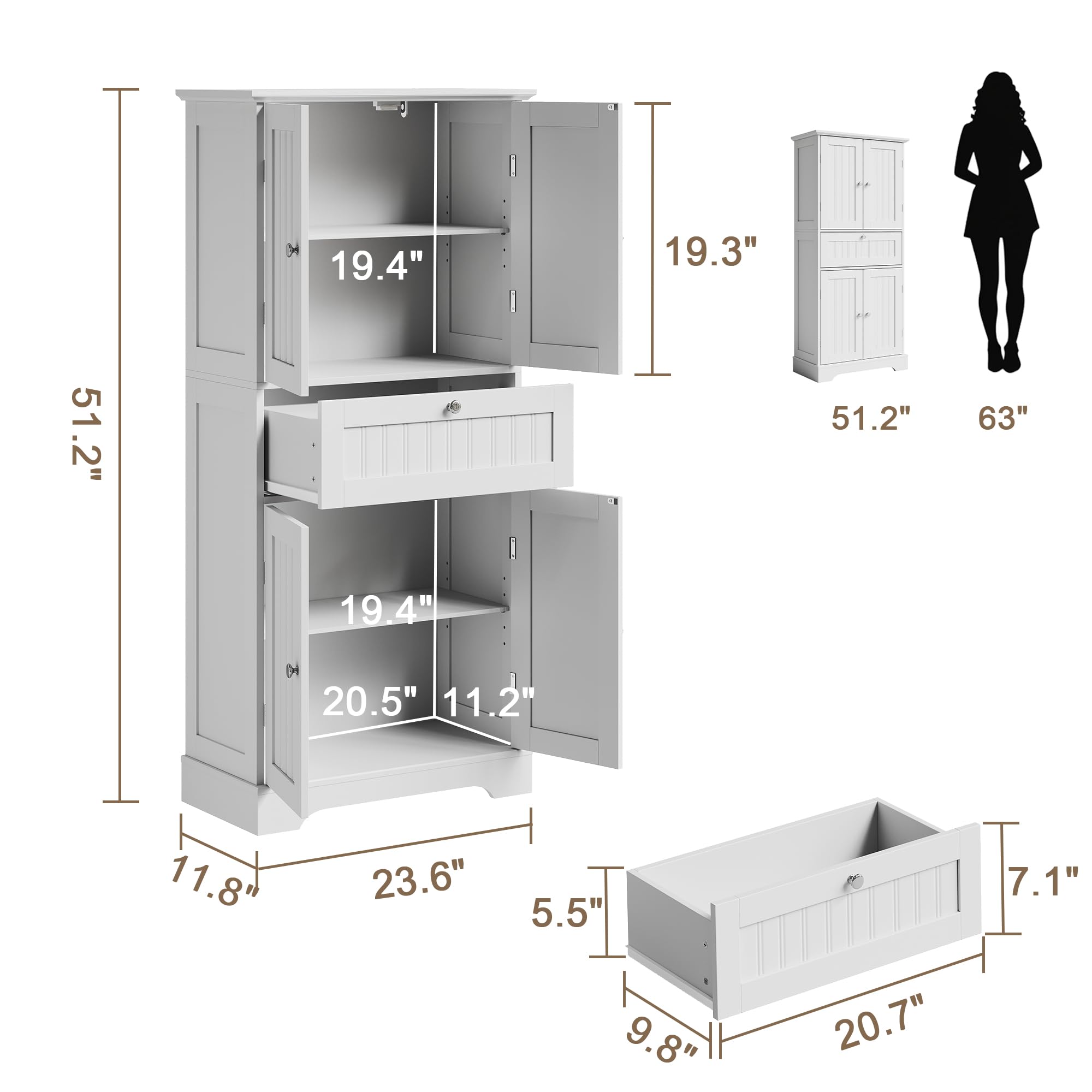 51" Tall Bathroom Floor Cabinet with Drawer and Adjustable Shelves