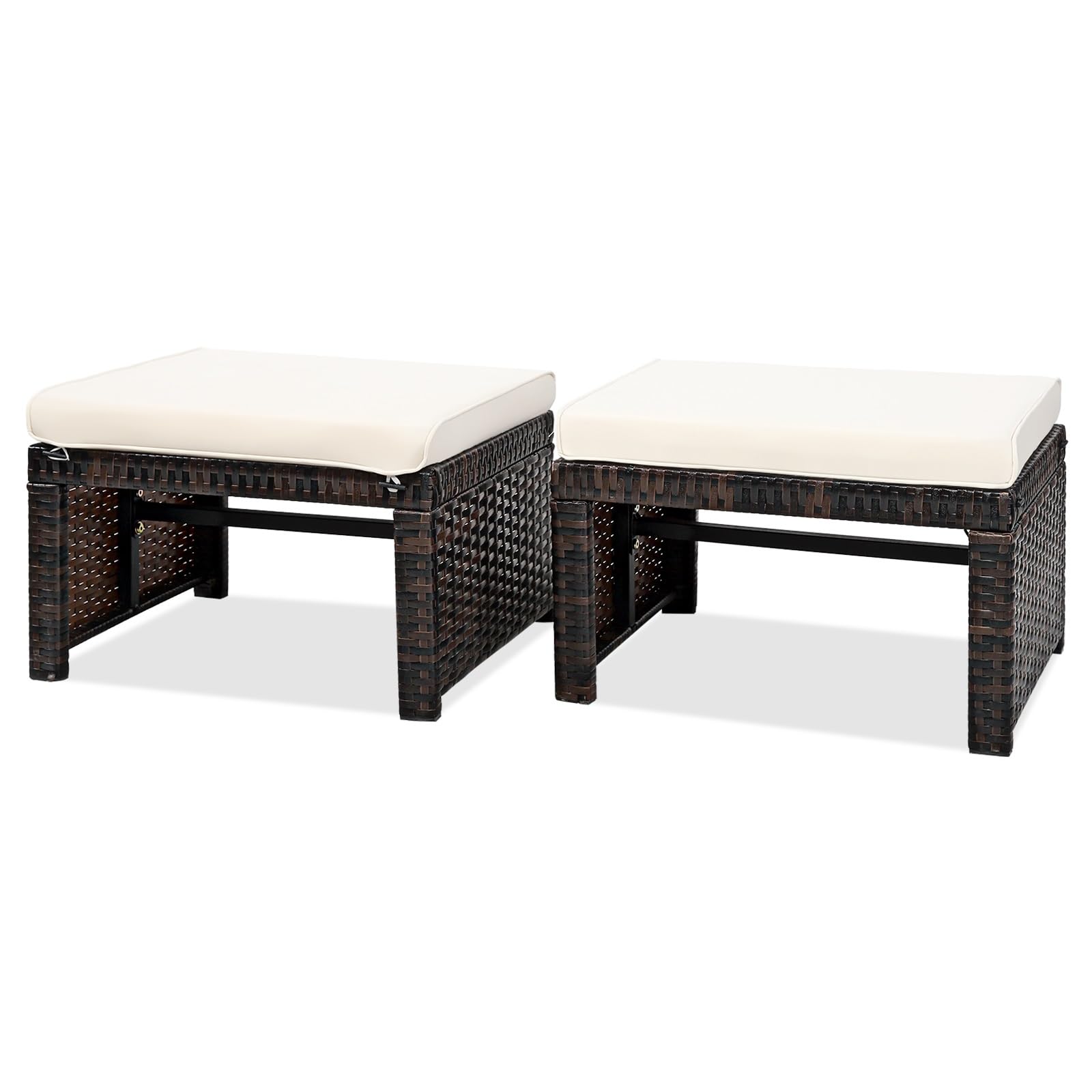 2-Piece Outdoor Wicker Ottomans with Removable Cushions