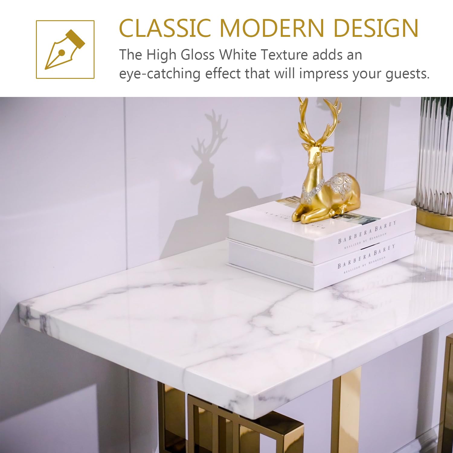 55" White Gold Console Table - Modern Rectangle Entryway Sofa Table