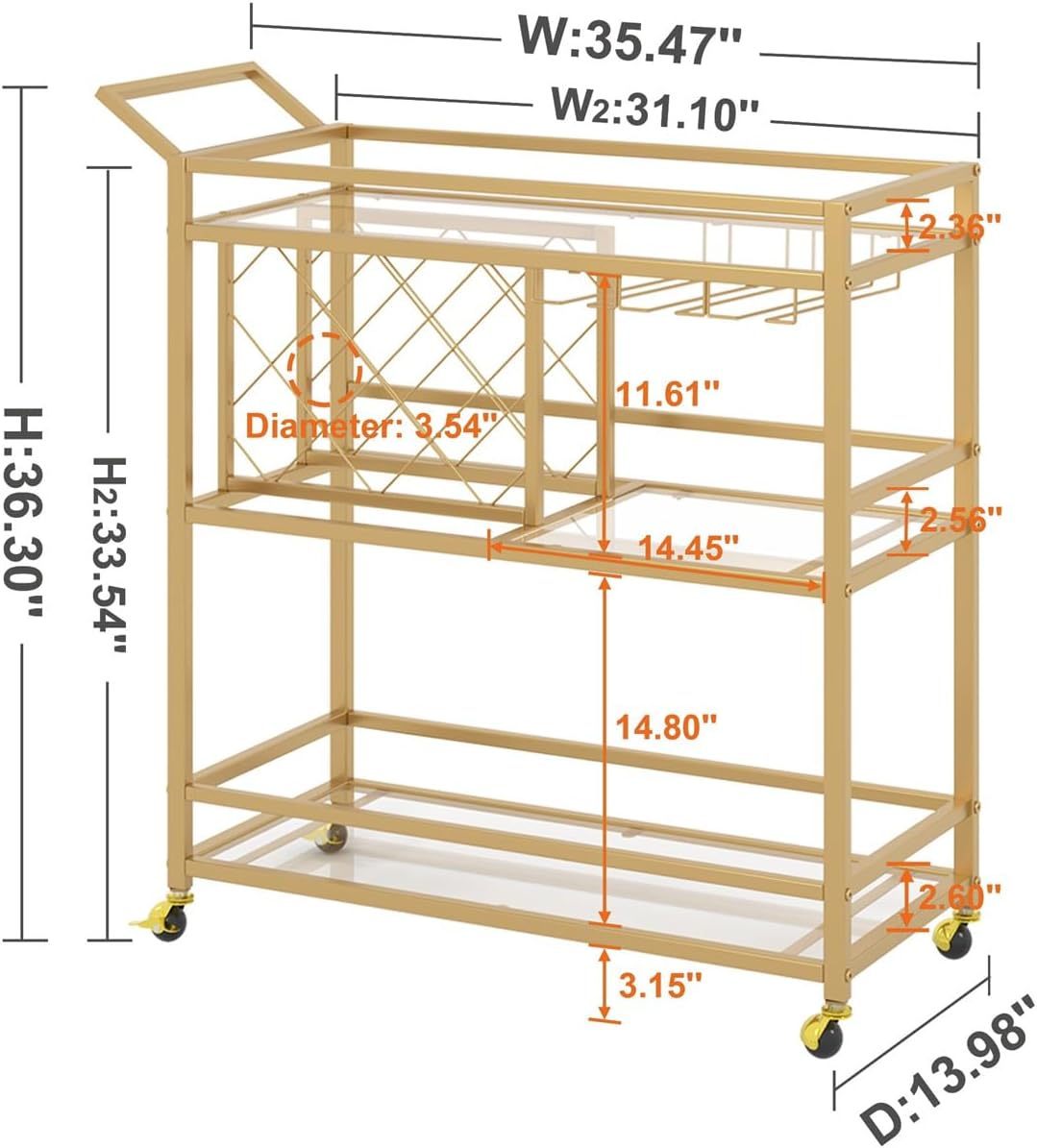 Gold Bar Cart with Wine Rack and Glass Holder