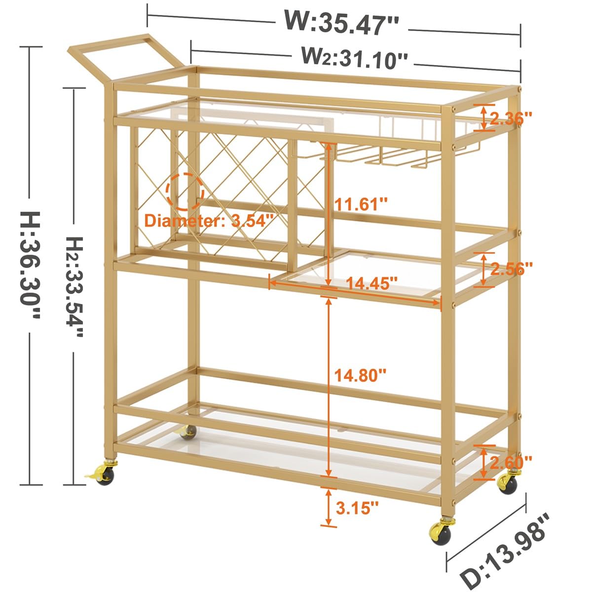 Gold Bar Cart with Wine Rack and Glass Holder