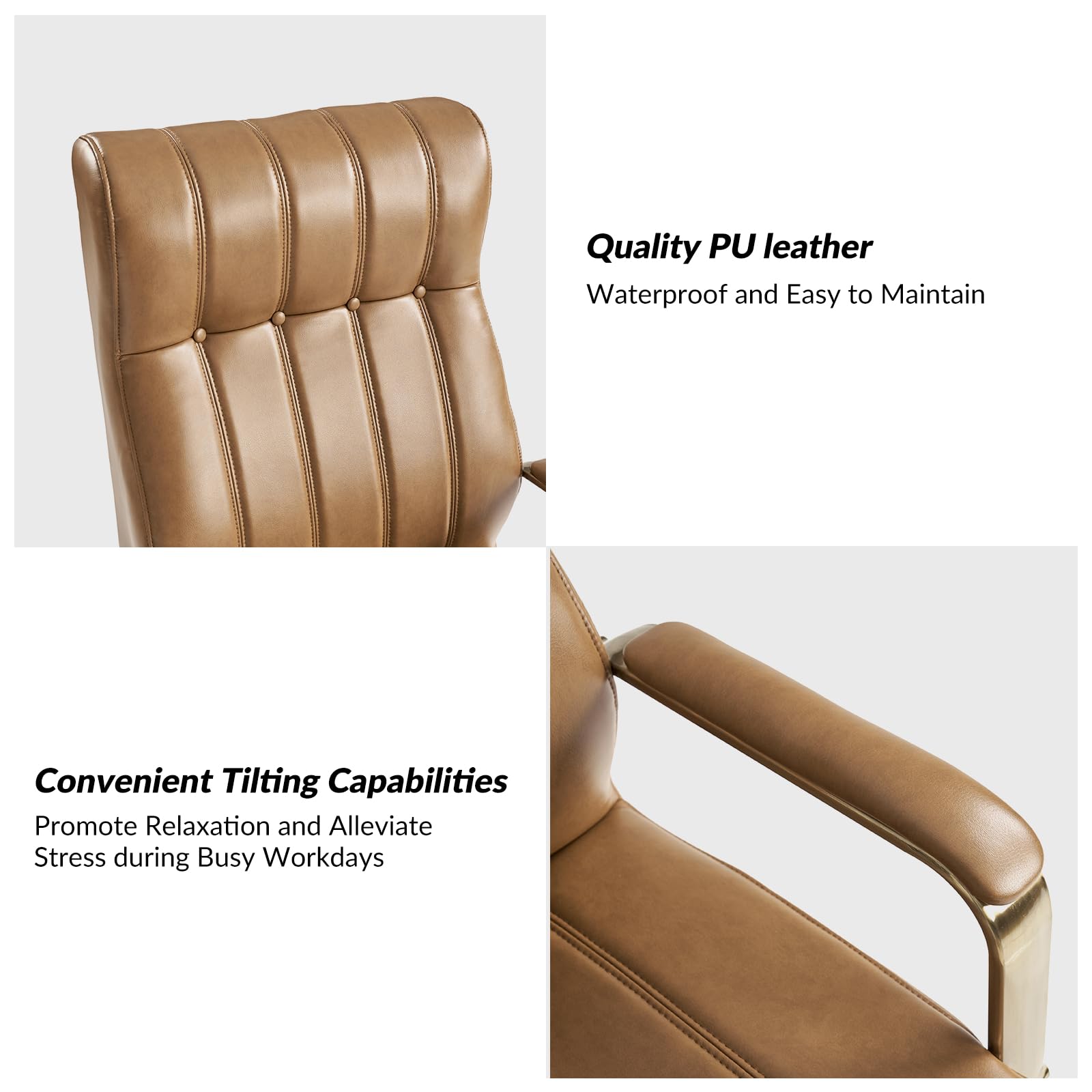 Executive Office Chair with Tufted Faux Leather and Gold Base