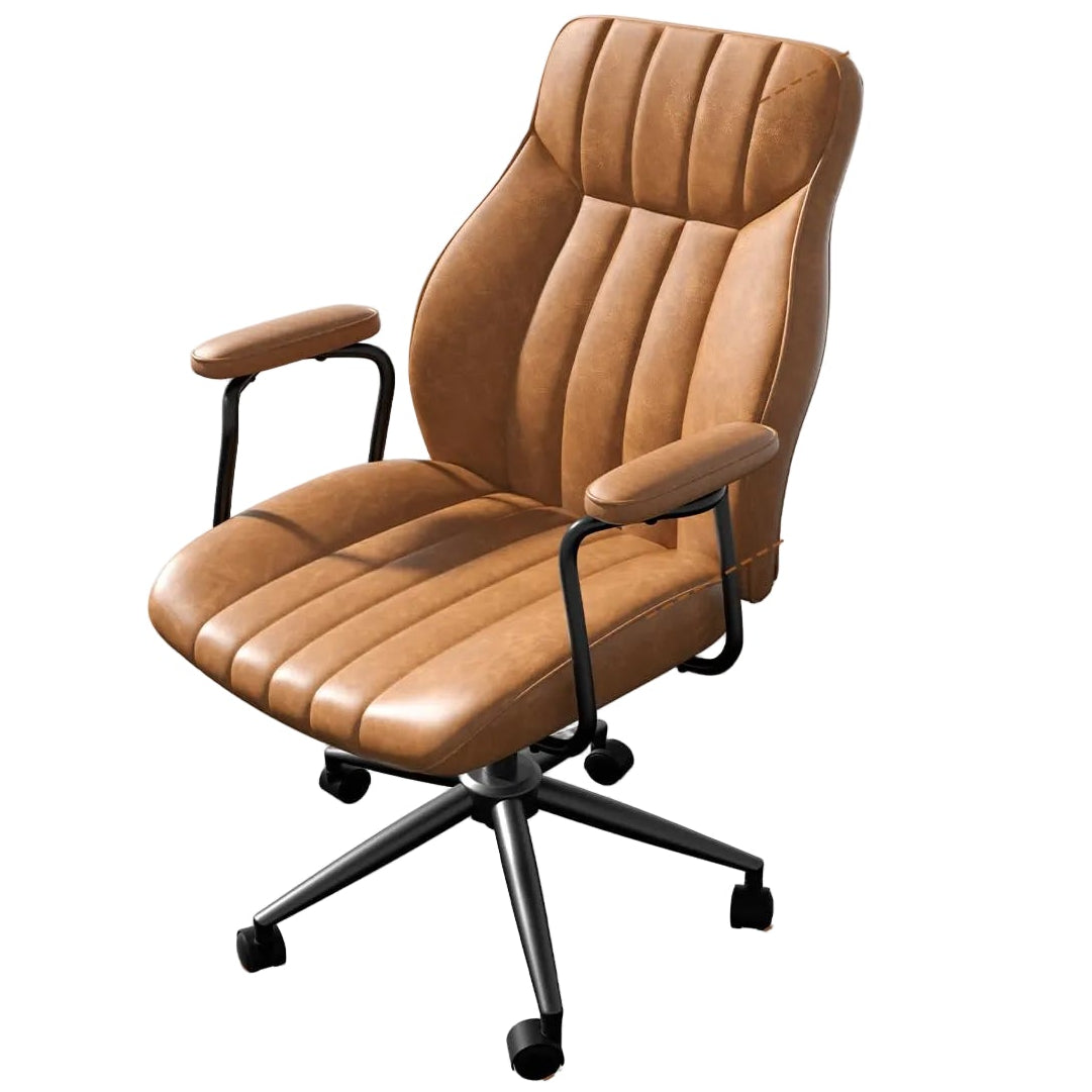 Brown Leather Office Chair - Height Adjustable with Wheels