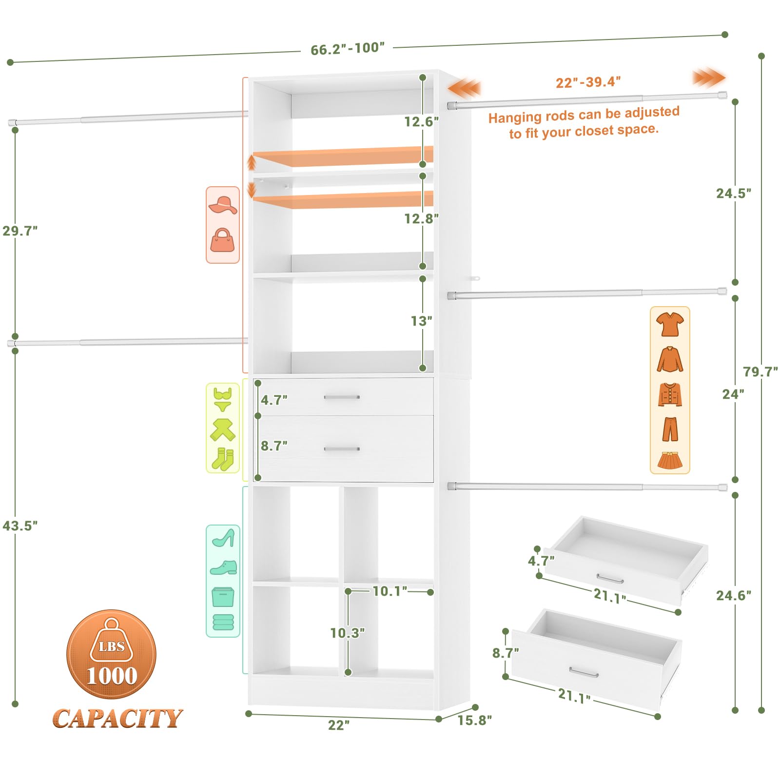 Wall Mount Closet Organizer with Drawers