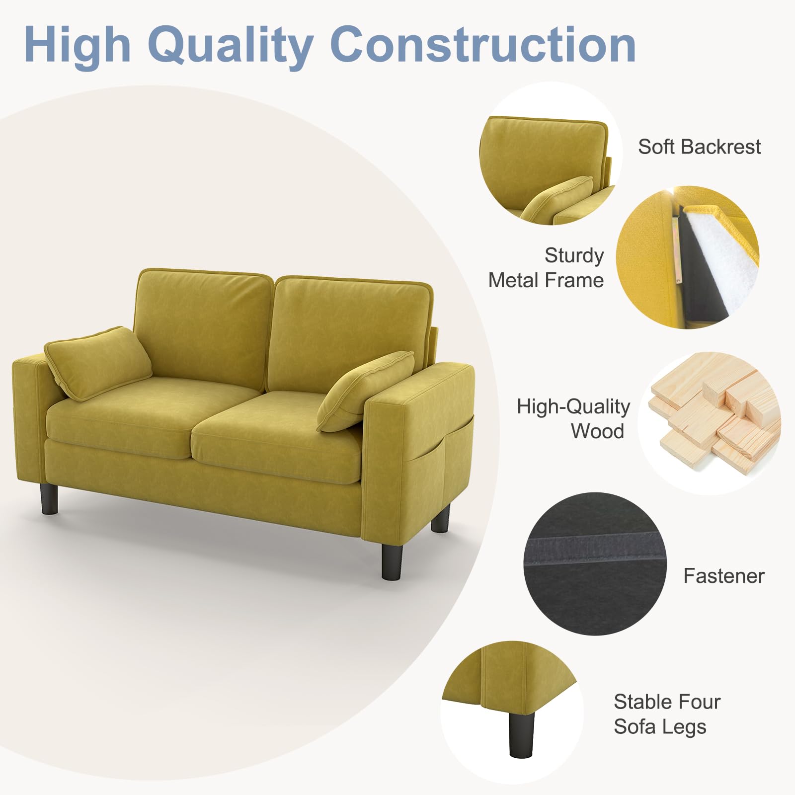 Modern Yellow Loveseat Sofa with Removable Cover