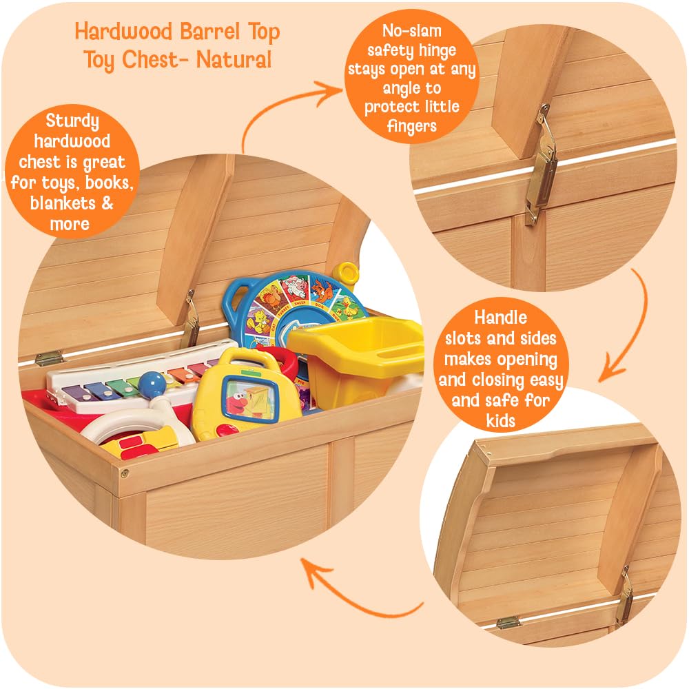 Barrel-Top Wooden Toy Chest with Safety Hinge
