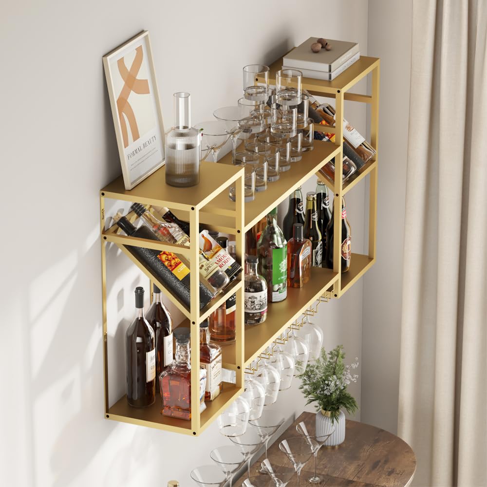 2-Tier Wall Mounted Wine Rack with Glass Holder