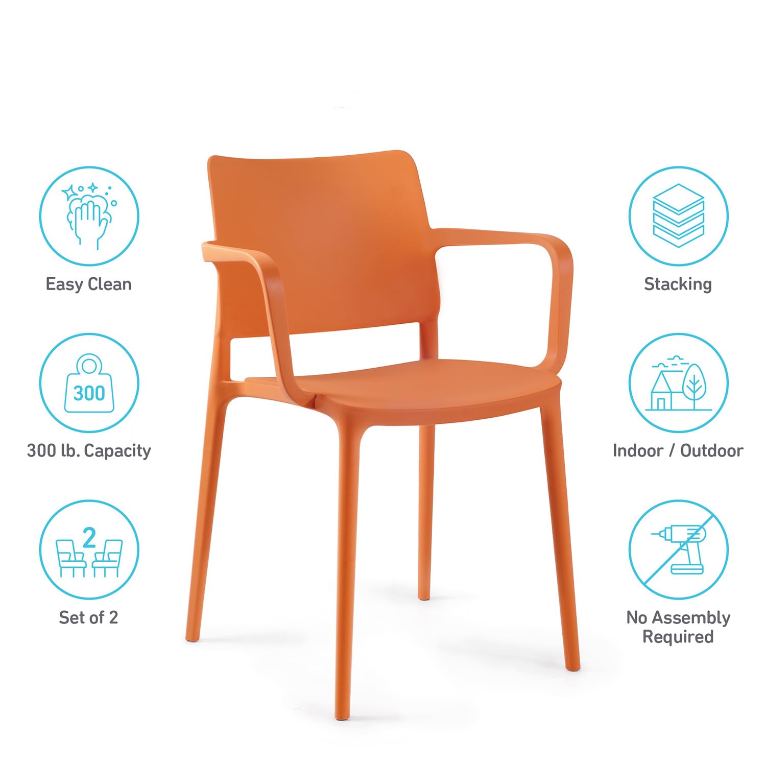WRGHOME Florence Modern Stacking Plastic/Resin Patio Dining Armchair Indoor/Outdoor, Pool, Patio, Kitchen, Restaurant (Set of 2), Orange