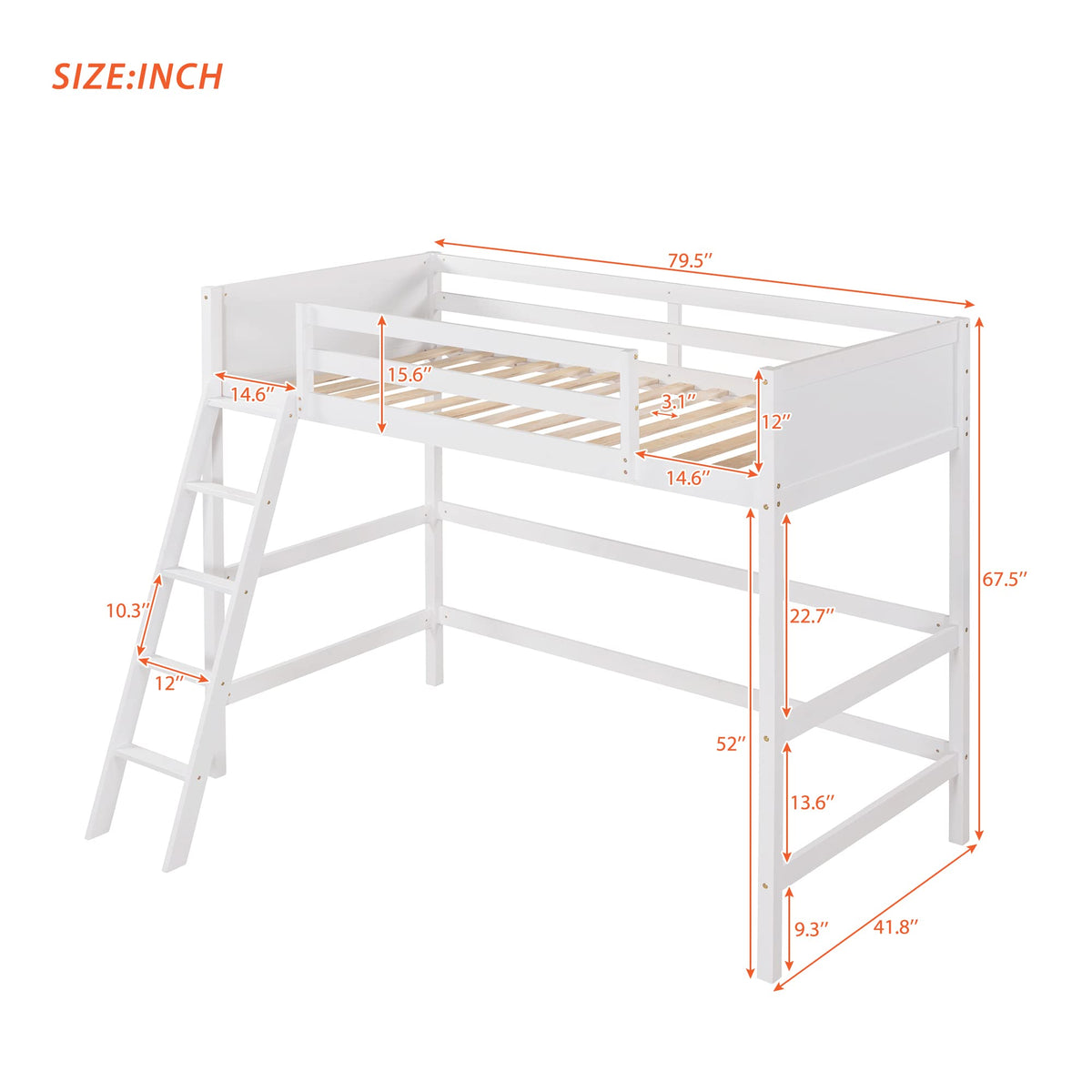 Twin Loft Bed with Ladder - White Wood Kids Bunk Bed