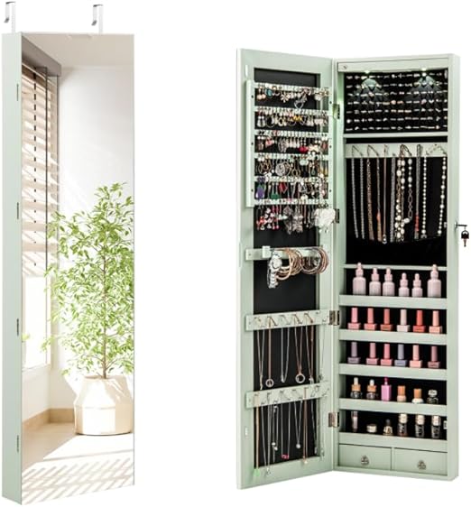 Wall-Mounted Jewelry Armoire with Full-Length Mirror and LED Lights