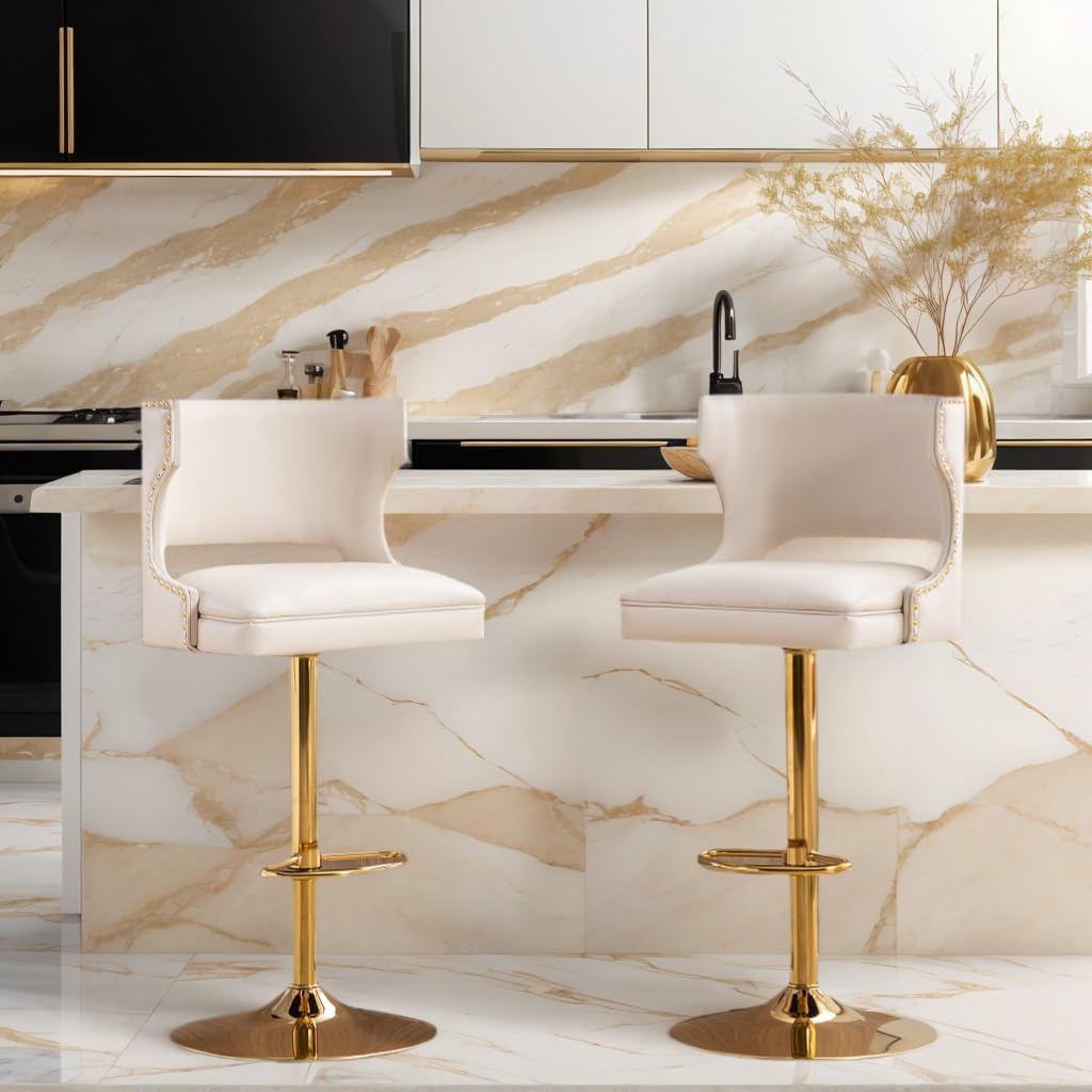 Beige Swivel Counter Height Bar Stools Set of 4 with Adjustable Back