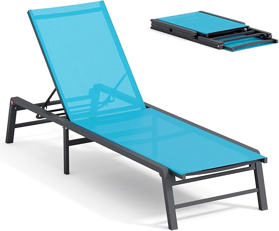 Aluminum Chaise Lounge Chair - Foldable Outdoor Patio Lounger with 5 Adjustable Positions