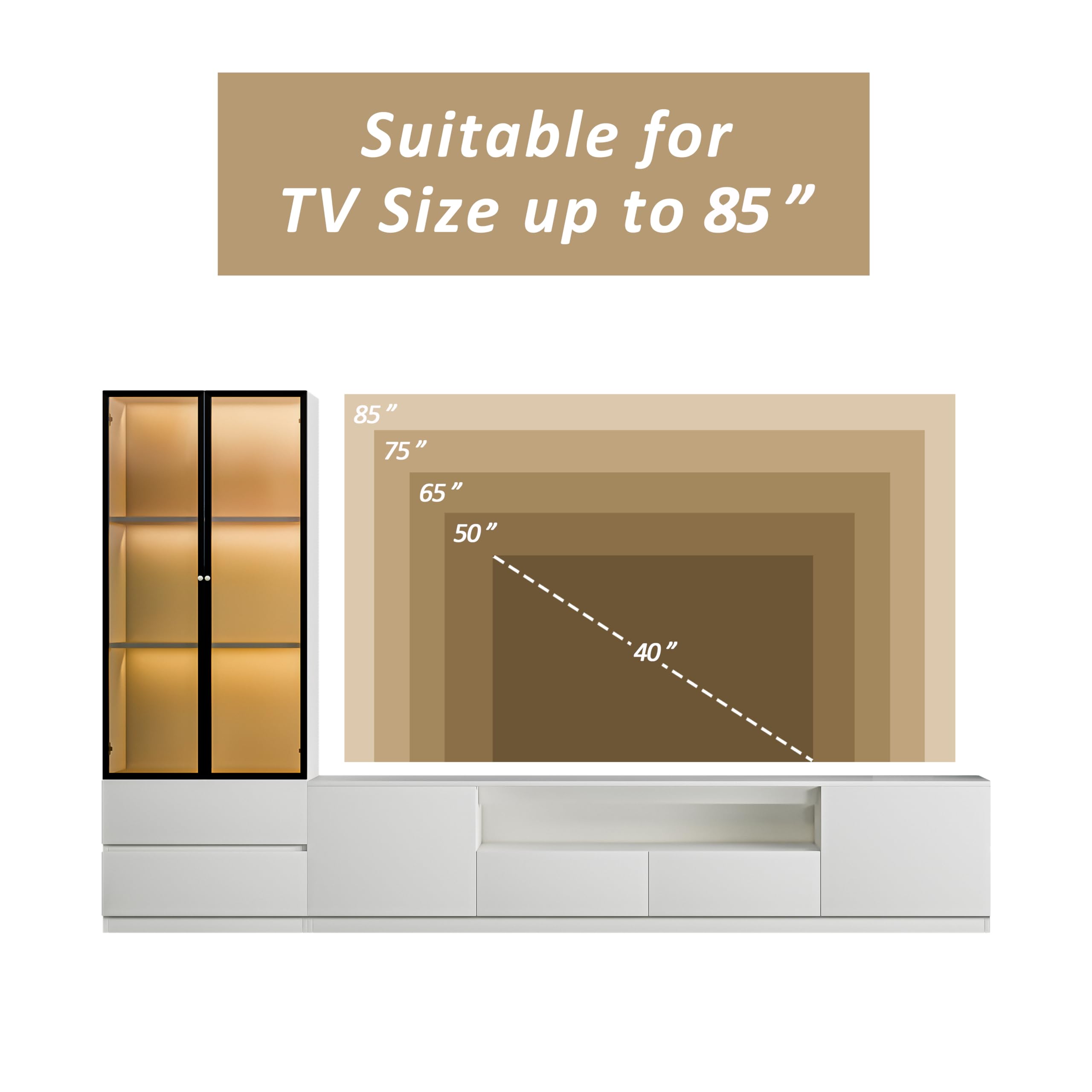 102" White Modern Entertainment Center for 85" TV with Glass Display Cabinet