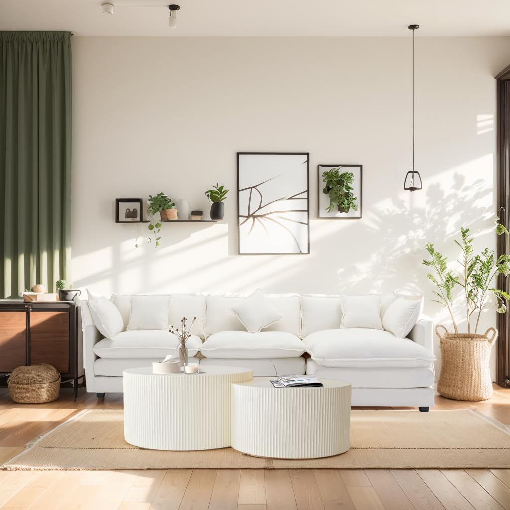 Nesting Coffee Table Set of 2, Modern Drum Side End Wave Stripe Round Coffee Table for Living Room, Bedroom, Beige