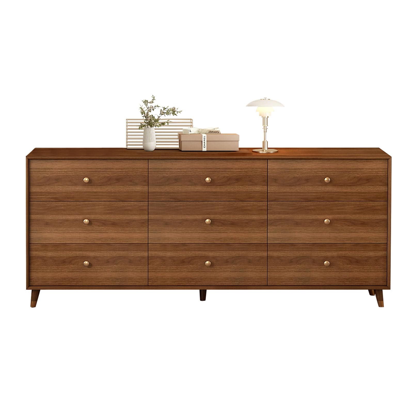 Modern 9 Drawer Dresser with Walnut Frame