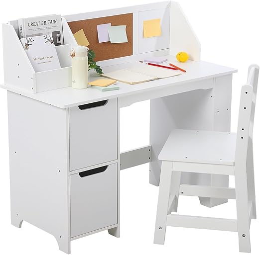 Kids Study Desk and Chair Set with Storage Hutch