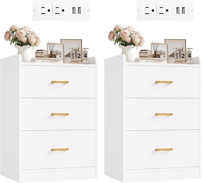 Nightstands Set of 2 with Charging Station and 3 Drawers