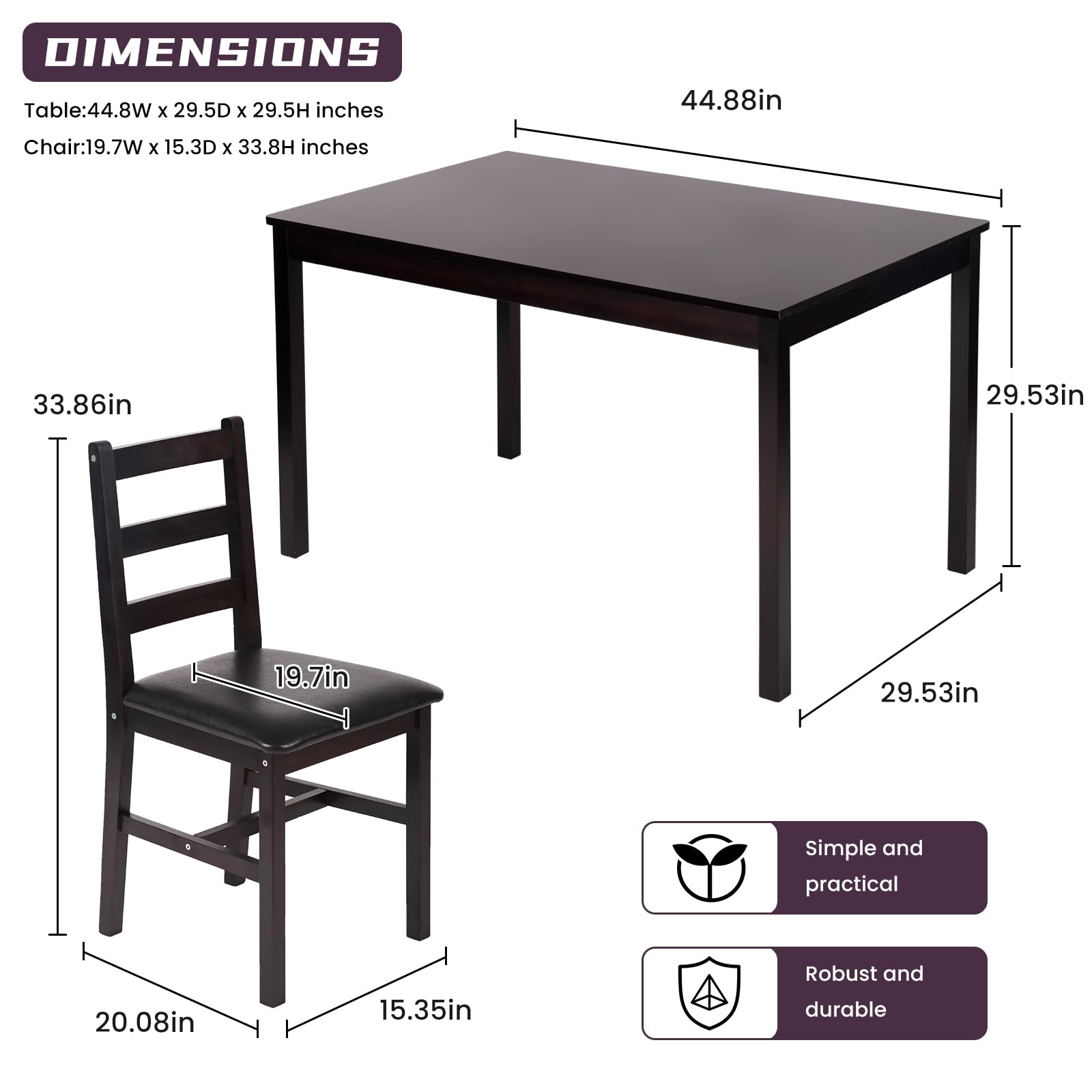 5-Piece Wooden Dining Table Set for 4 - Square Kitchen Table with Chairs