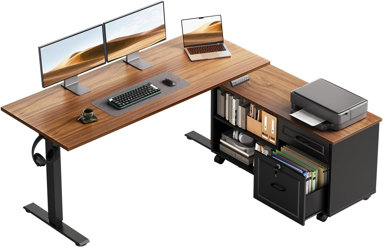 55 Inch L Shaped Electric Standing Desk with Drawers and File Cabinet