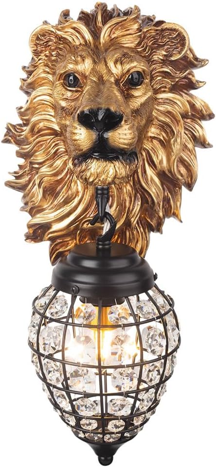 Vintage Gold Lion Wall Sconces Set of 2 with Crystal Beaded Shade