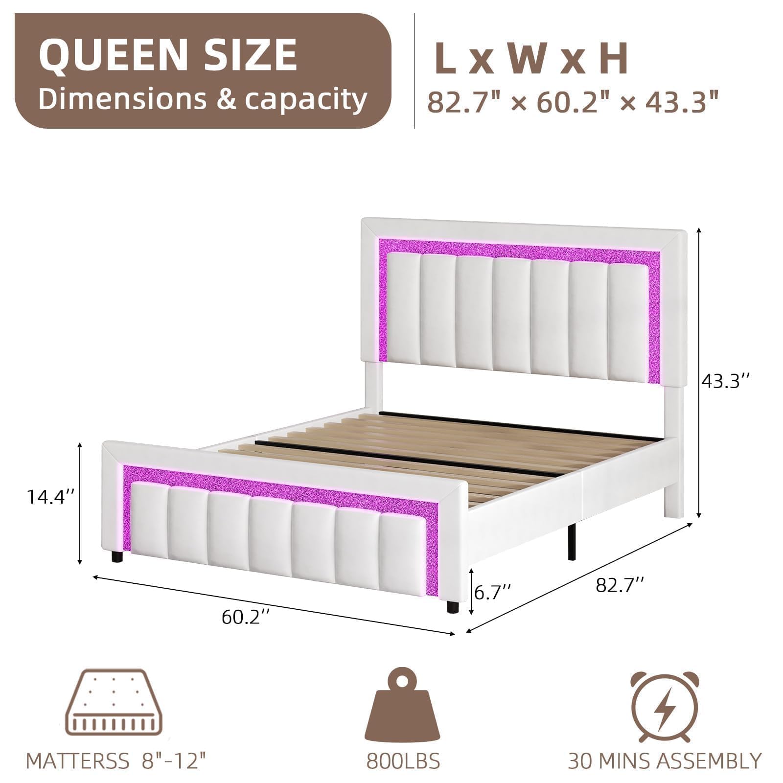 Queen LED Bed Frame with Diamond Tufted Headboard