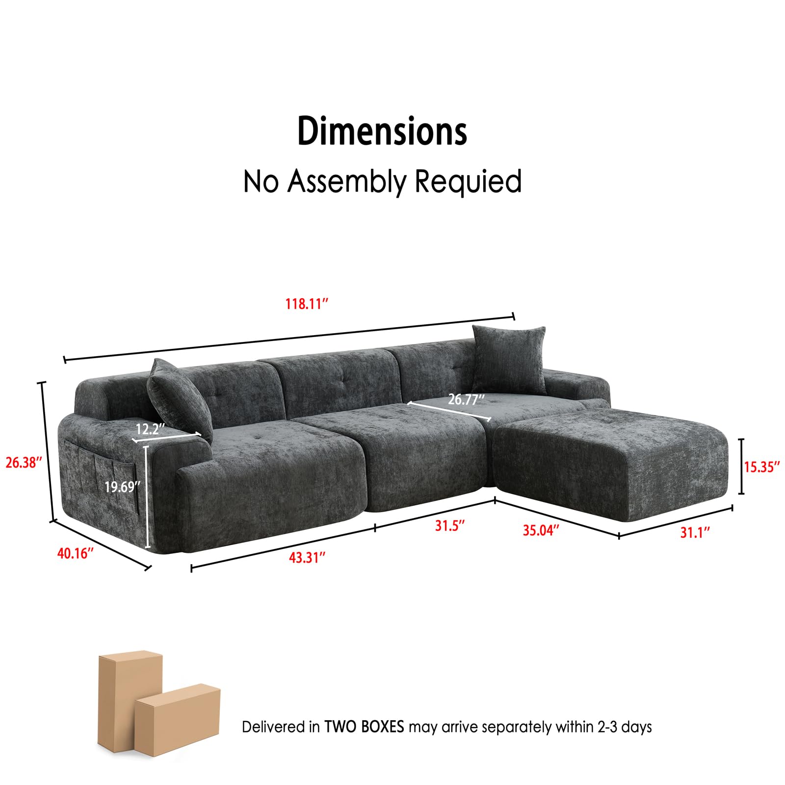 118" L-Shaped Modular Sectional Sofa with Deep Seat and Ottoman