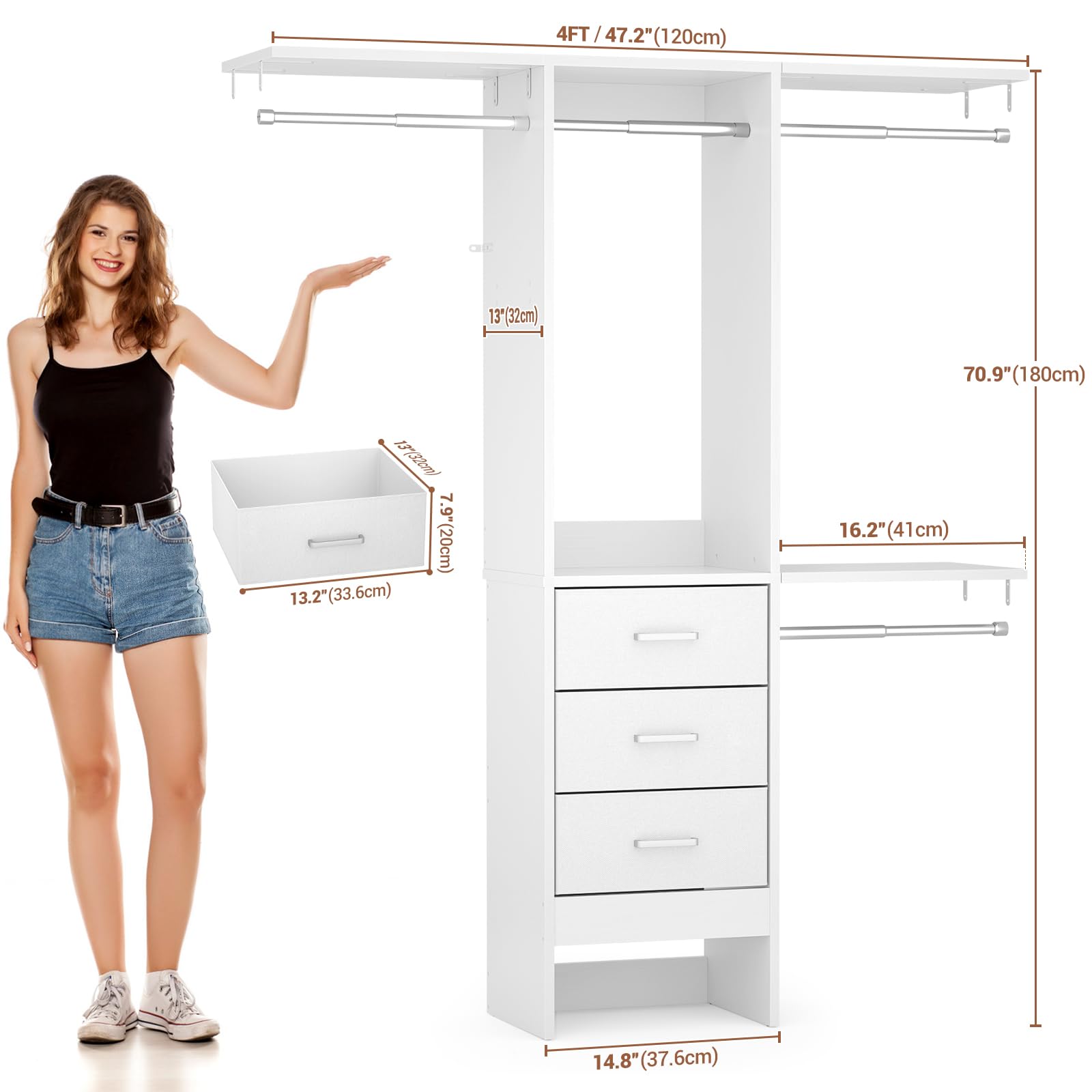 4ft Closet Organizer System with 3 Fabric Drawers and Adjustable Shelves