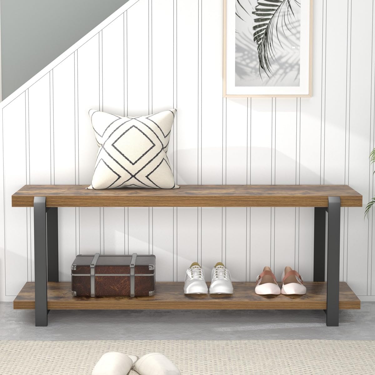 Shoe Storage Bench with Open Shelf