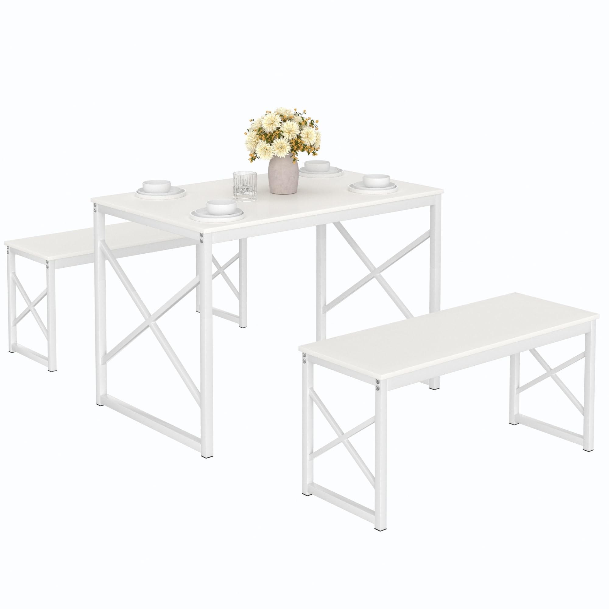 Dining Table Set with 2 Benches for 4