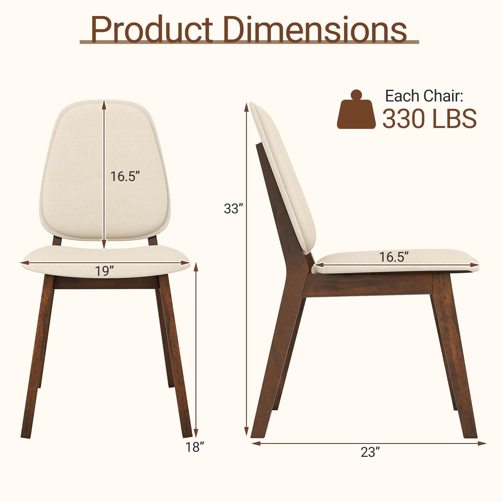 Wooden Dining Chairs Set of 4 - Linen Upholstered with Curved Back