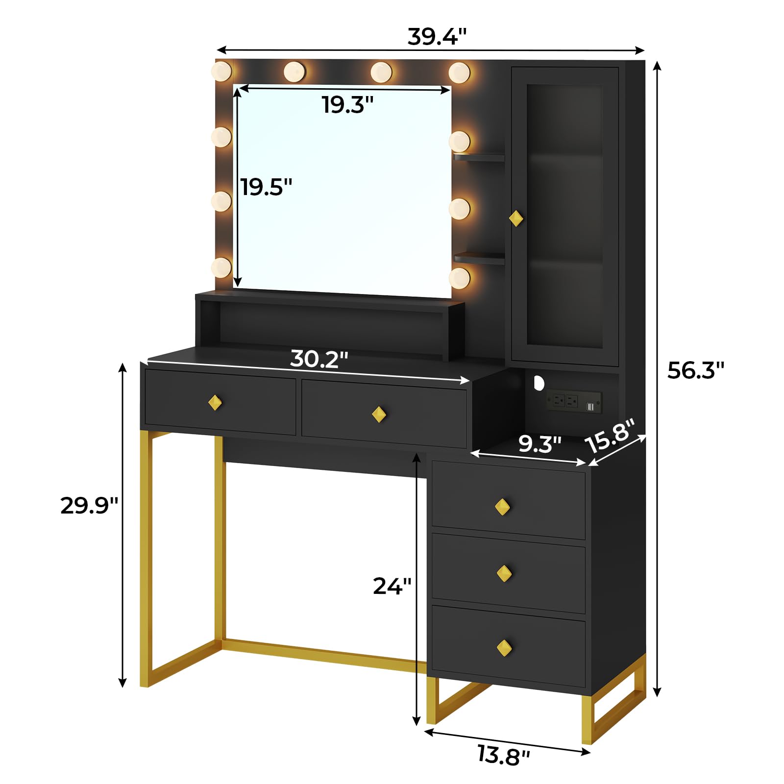 Large Makeup Vanity with Lights and Charging Station
