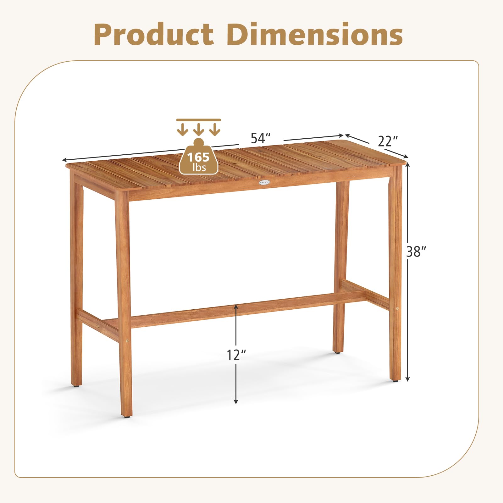 Acacia Wood Patio Bar Table 54x22 Inch Counter Height