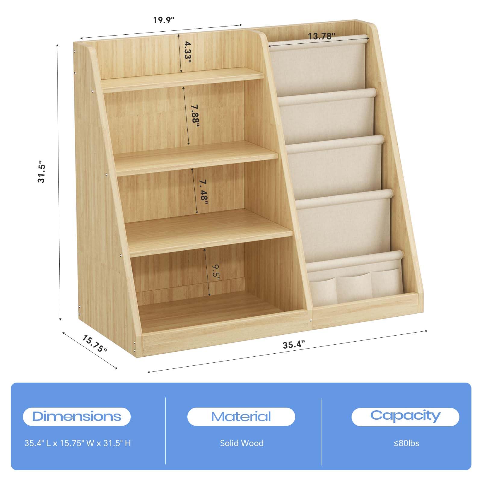 Kids Bookshelf and Toy Storage Organizer 4 Tier Wooden