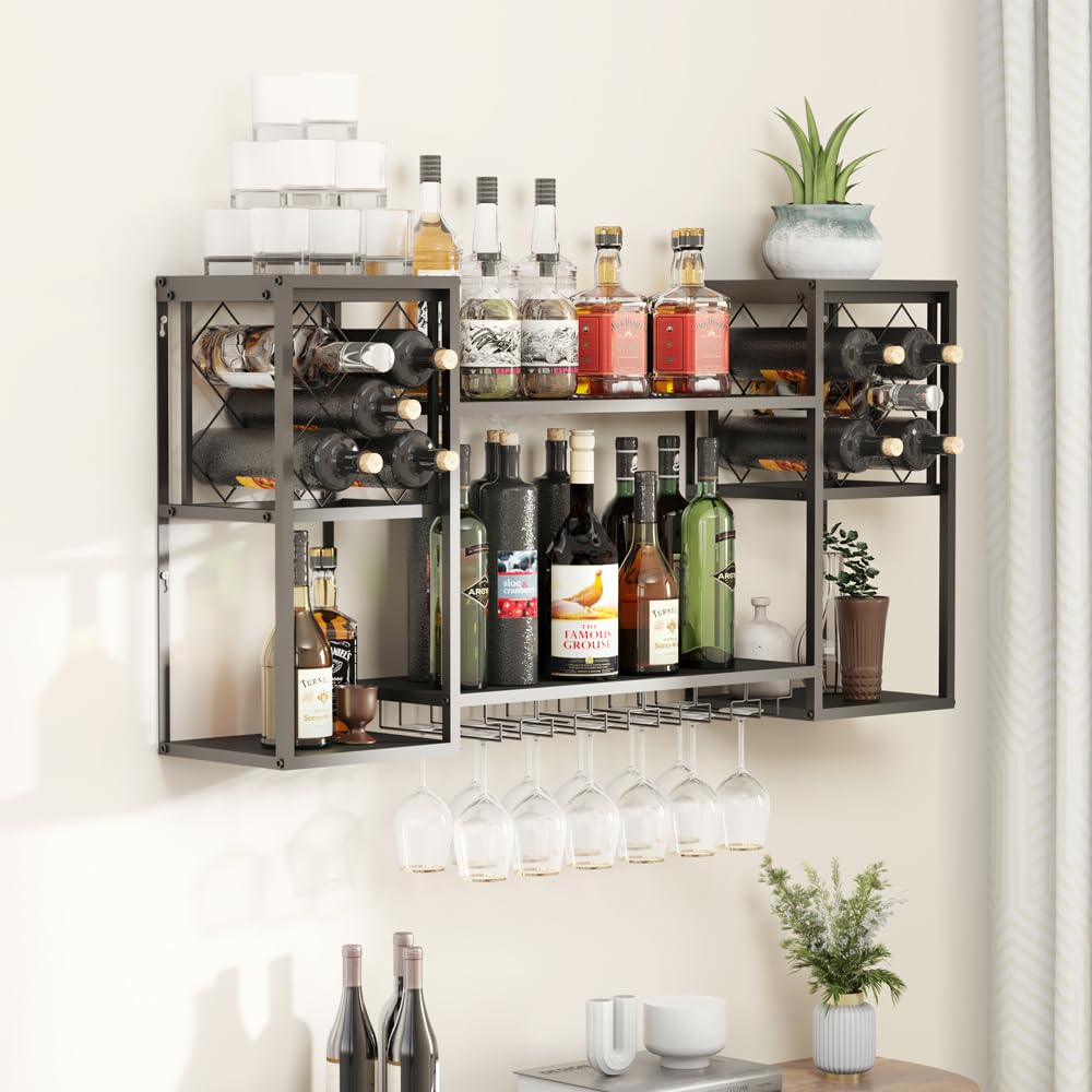 Wall Mounted Wine Rack 2 Tier with Glass Holder