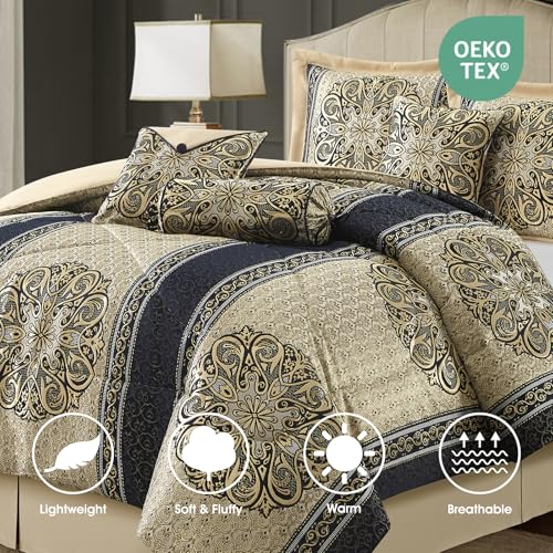 California King Comforter Set Navy Medallion Jacquard 7 Piece