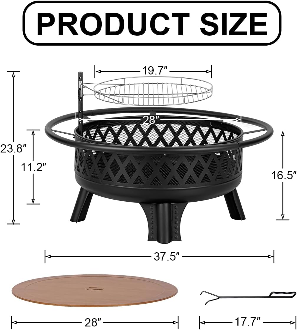 38 Inch Round Wood Burning Fire Pit with Grill