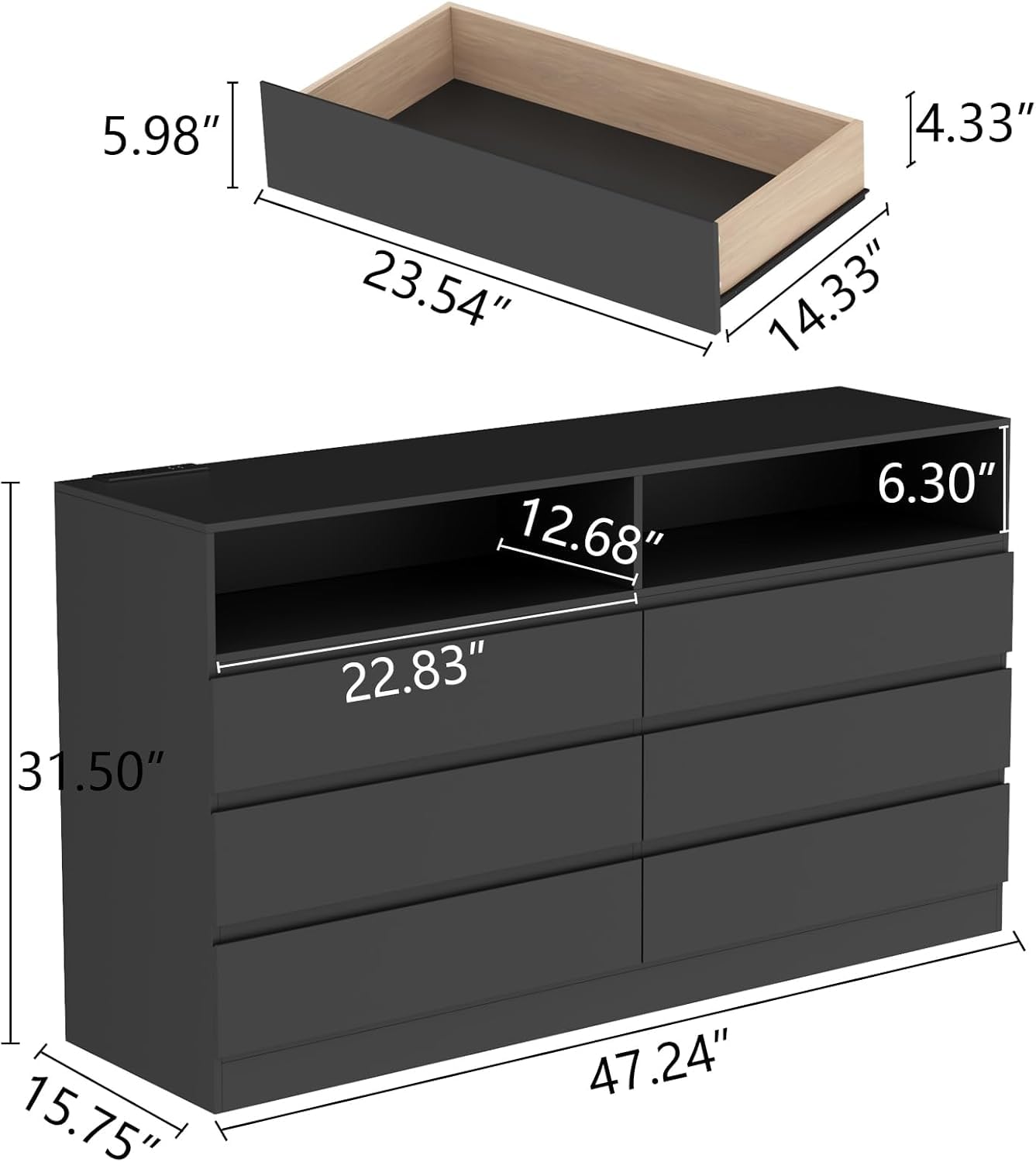 6 Drawer Dresser with Power Outlet and LED Lights