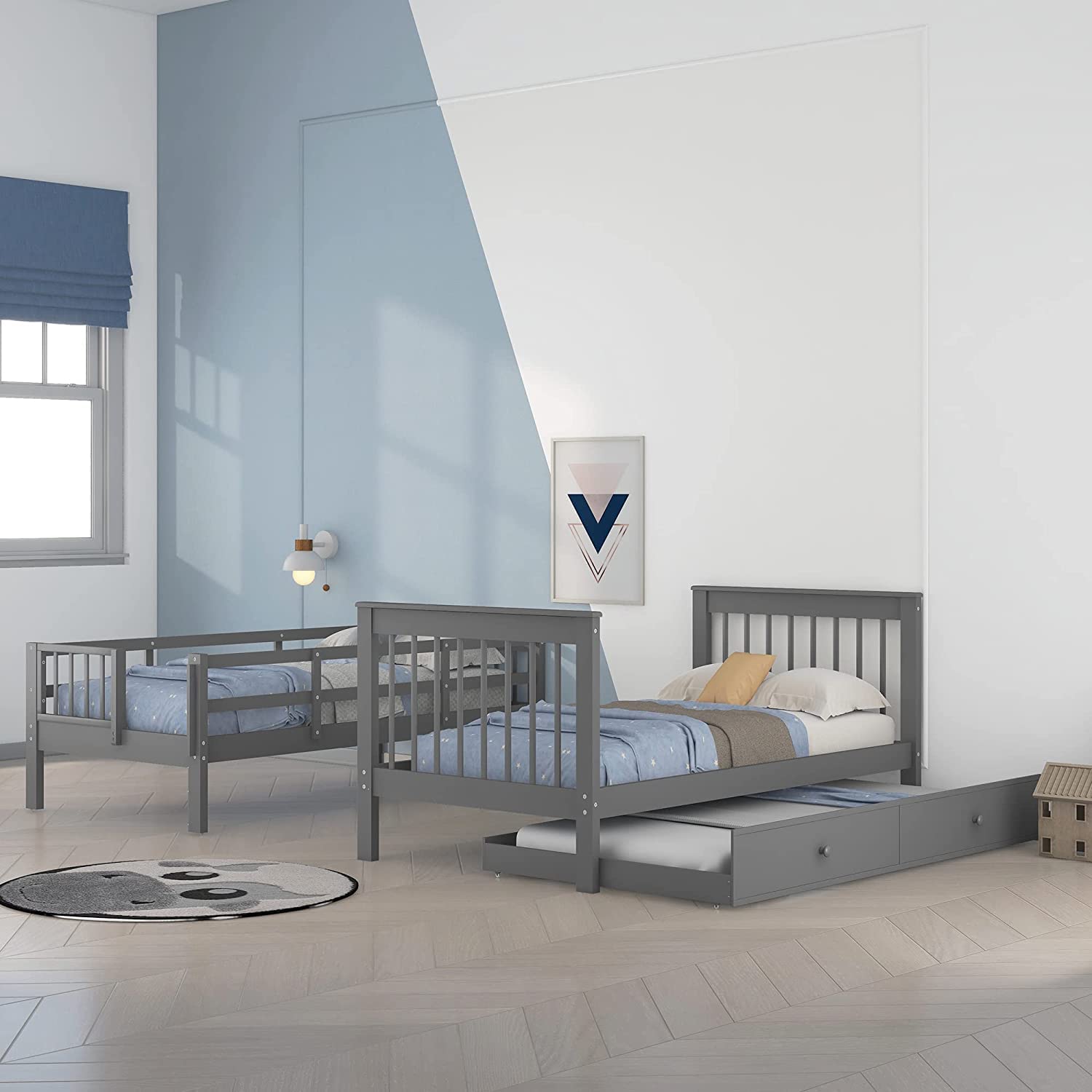 Twin Over Twin Bunk Bed with Trundle and Stairs