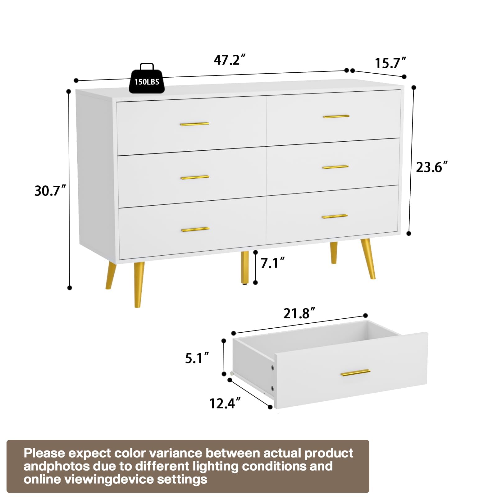 6 Drawer White Dresser with Gold Handles